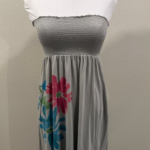 Old Navy Smocked Strapless Maxi Dress Gray Floral Boho XS Summer Vacation Cotton - Picture 5 of 7